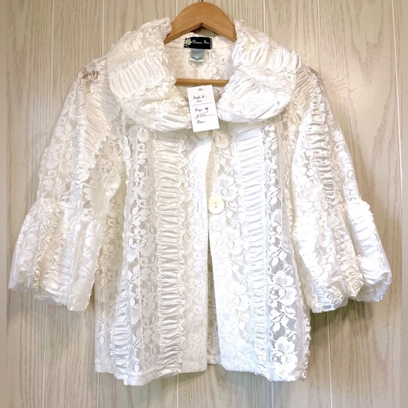 Damee Inc Ivory ruffle sequin lace button cocktail party swing jacket topper M - Picture 1 of 3